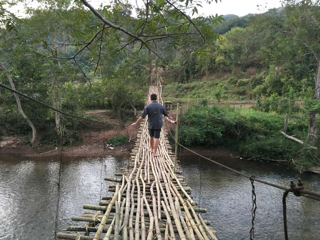 walking on the bamboo bridge in the village